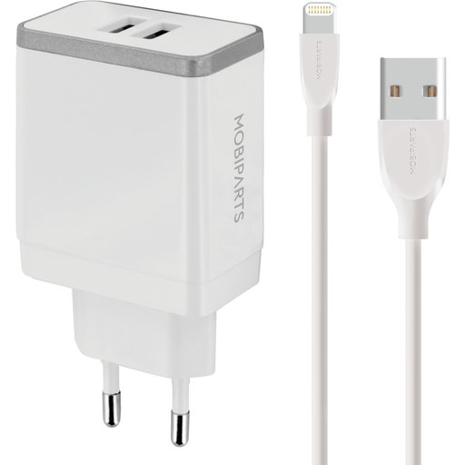 Mobiparts Wall Charger Dual USB 4.8A + Lightning Cable White