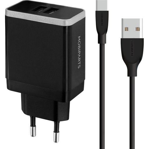 Mobiparts Wall Charger Dual USB 2.4A + USB-C Cable Black