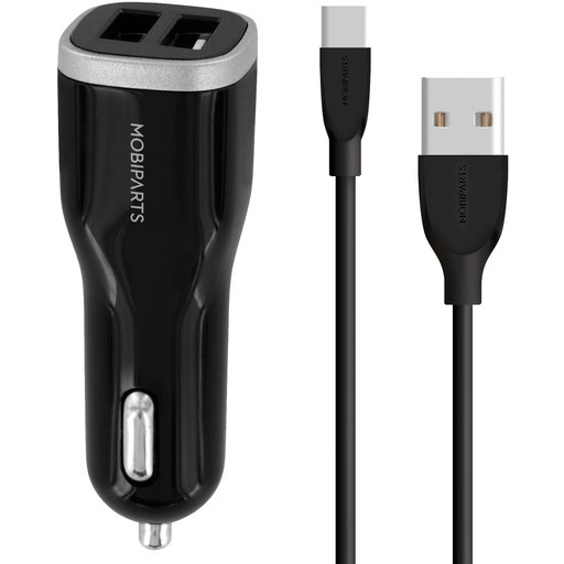 Mobiparts Car Charger Dual USB 4.8A + USB-C Cable Black